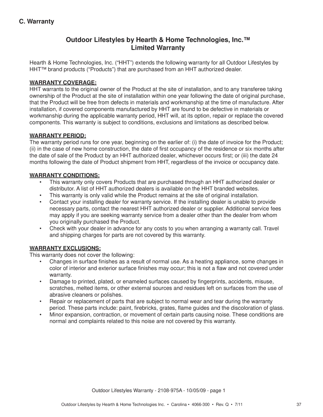 Hearth and Home Technologies CARODG36I, CARDOG36IL, CARDOG42IL Outdoor Lifestyles Warranty 2108-975A 10/05/09 
