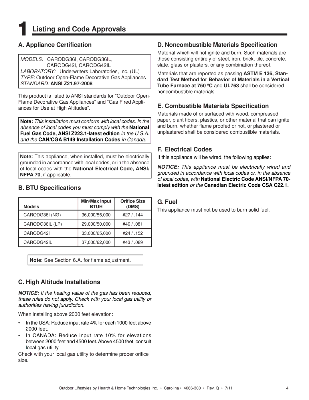 Hearth and Home Technologies CARODG36I, CARDOG36IL, CARDOG42IL owner manual Listing and Code Approvals 