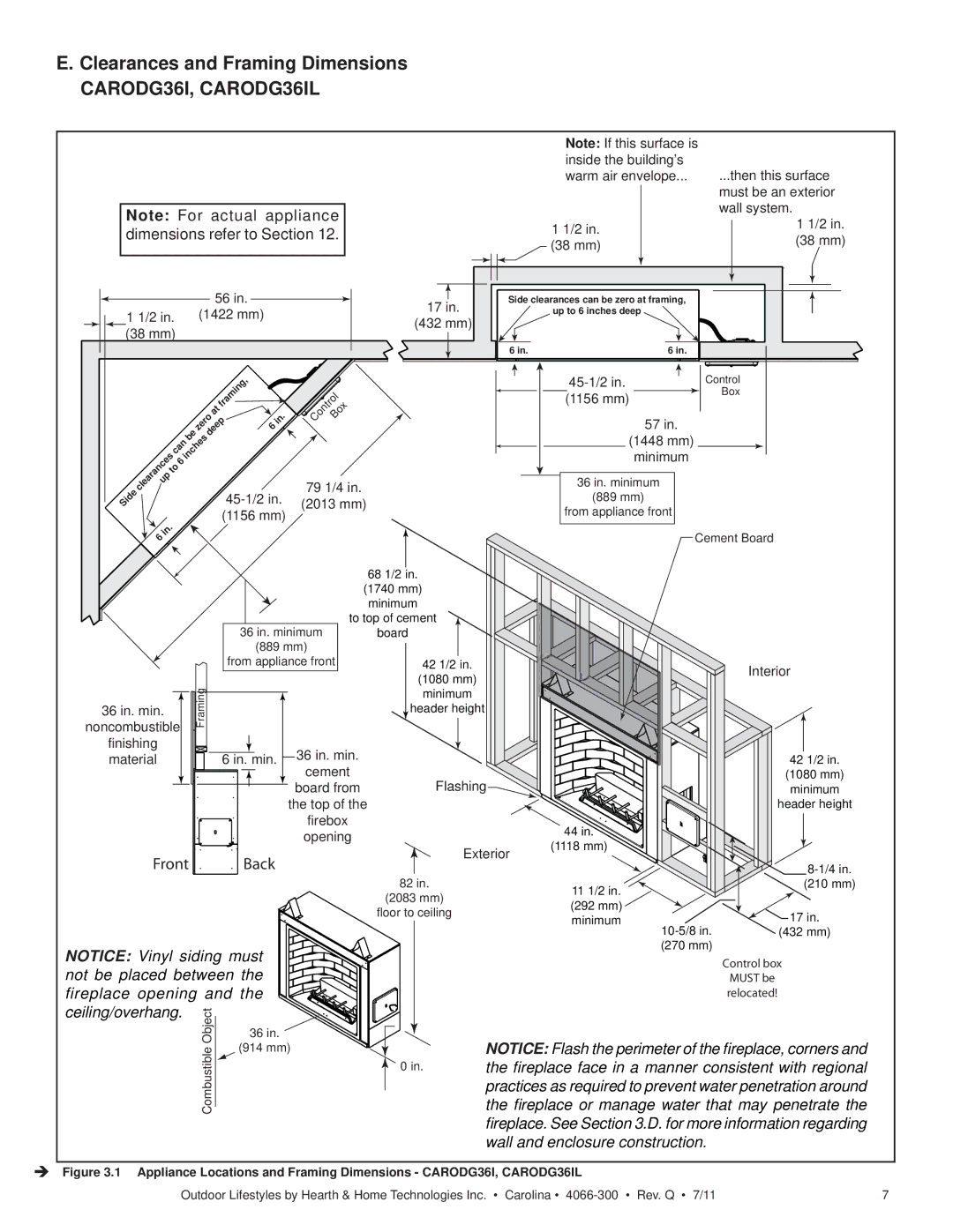 Hearth and Home Technologies CARDOG42IL, CARDOG36IL Clearances and Framing Dimensions CARODG36I, CARODG36IL, mm Minimum 