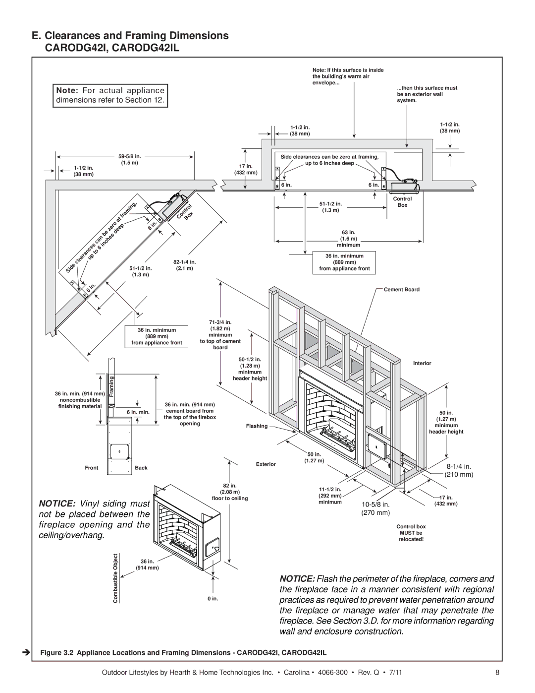 Hearth and Home Technologies CARODG36I, CARDOG42I, CARDOG36IL Not be placed between Fireplace opening Ceiling/overhang 