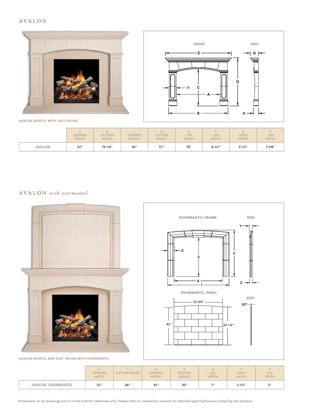 Hearth and Home Technologies Cast Mantels manual Ava l o n w ith ove r mantel, Frontside, Mantel & Stone, avalon, Side 
