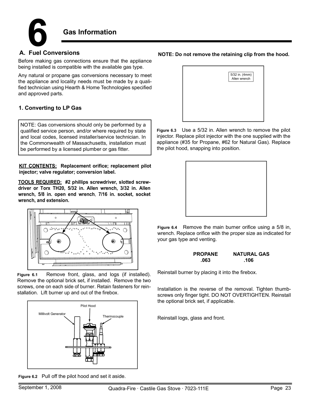 Hearth and Home Technologies CASTILE-GAS-CWL Gas Information, Fuel Conversions, Converting to LP Gas, Propane Natural GAS 