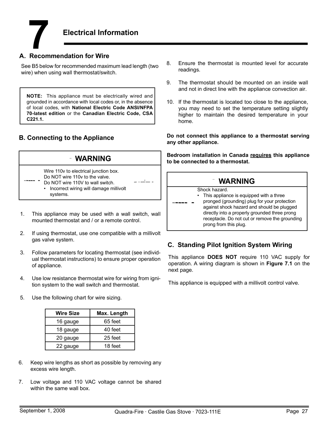 Hearth and Home Technologies CASTILE-GAS-CWL Electrical Information, Recommendation for Wire, Connecting to the Appliance 