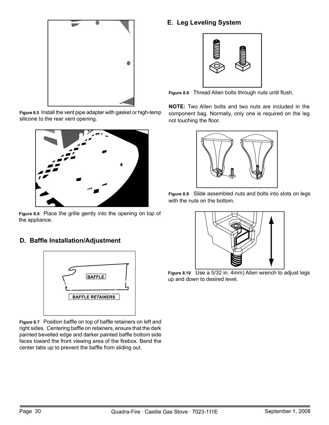 Hearth and Home Technologies CASTILE-GAS-CSB, CASTILE-GAS-PMH Leg Leveling System, Bafﬂe Installation/Adjustment 