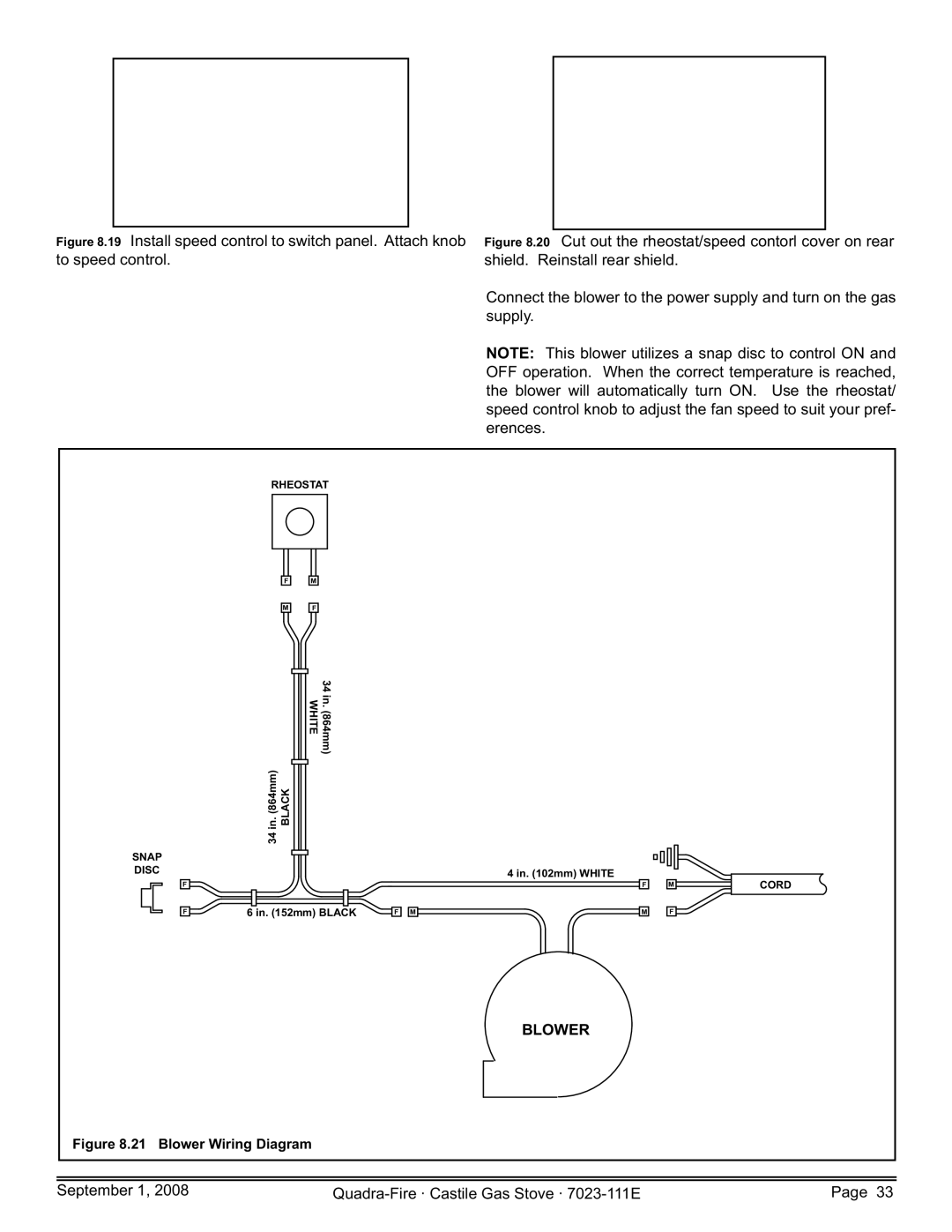 Hearth and Home Technologies CASTILE-GAS-MBK owner manual Blower, September 1 Quadra-Fire · Castile Gas Stove · 7023-111E 