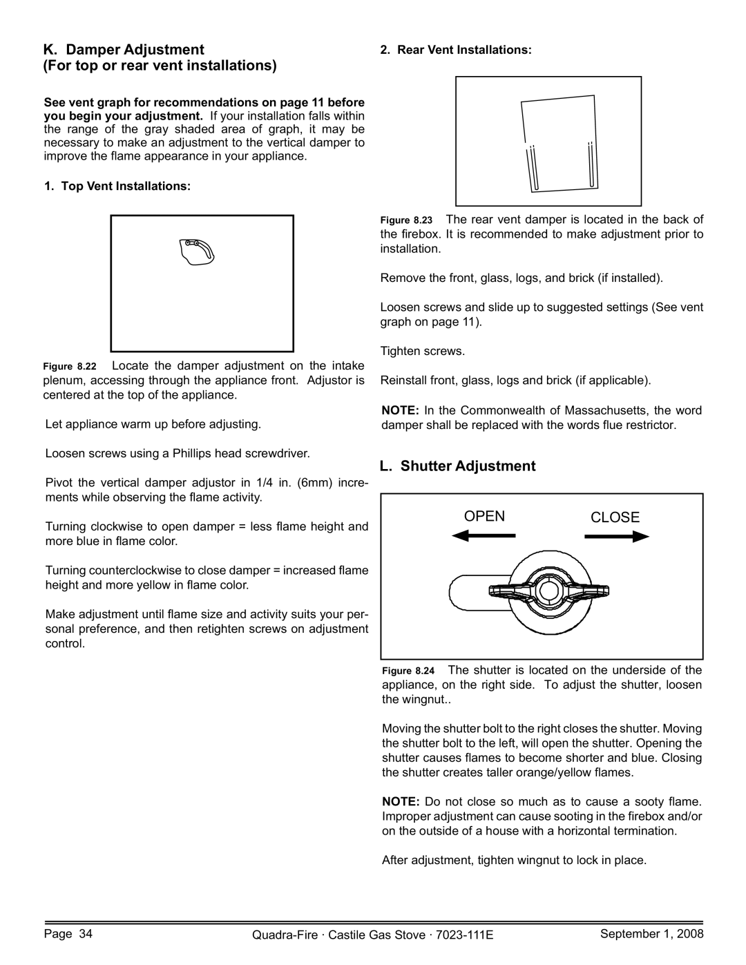 Hearth and Home Technologies CASTILE-GAS-CSB Damper Adjustment For top or rear vent installations, Shutter Adjustment 