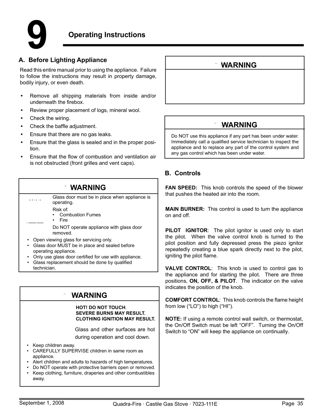 Hearth and Home Technologies CASTILE-GAS-CWL, CASTILE-GAS-PMH Operating Instructions, Before Lighting Appliance, Controls 