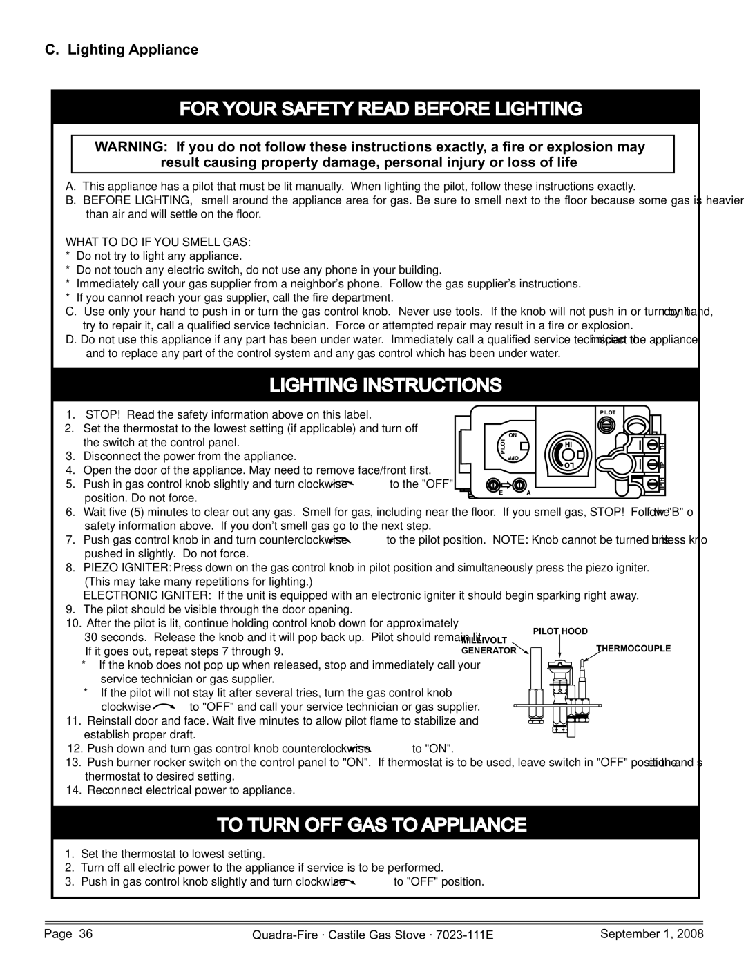 Hearth and Home Technologies CASTILE-GAS-PMH, CASTILE-GAS-MBK For Your Safety Read Before Lighting, Lighting Appliance 