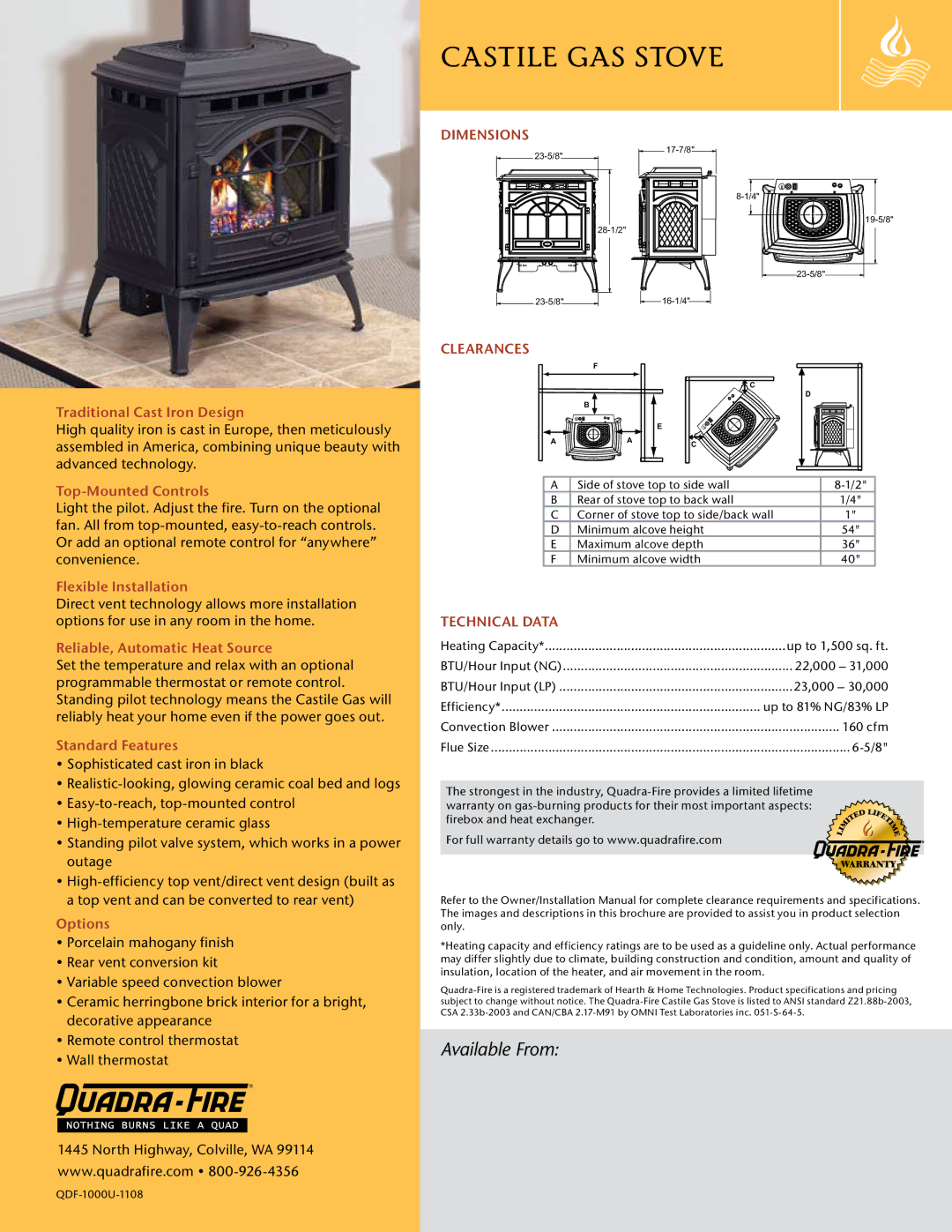 Hearth and Home Technologies Castile Gas Stove Traditional Cast Iron Design, Top-Mounted Controls, Flexible Installation 