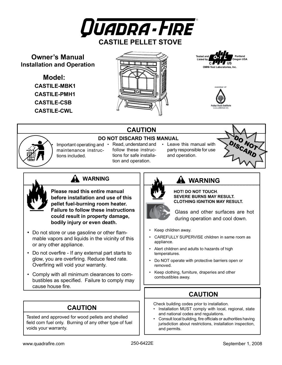 Hearth and Home Technologies CASTILE-PMH1, CASTILE-MBK1, CASTILE-CWL, CASTILE-CSB owner manual Castile Pellet Stove 