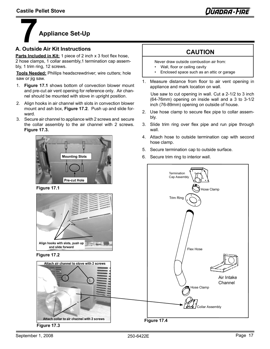 Hearth and Home Technologies CASTILE-PMH1, CASTILE-MBK1, CASTILE-CWL 7Appliance Set-Up, Outside Air Kit Instructions 