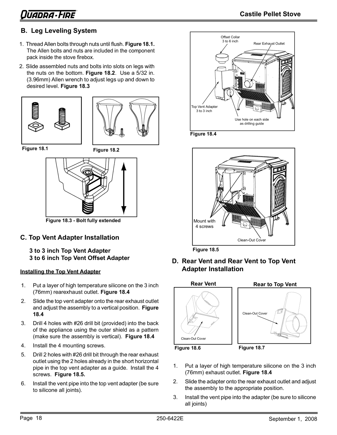 Hearth and Home Technologies CASTILE-CWL Castile Pellet Stove Leg Leveling System, Top Vent Adapter Installation 