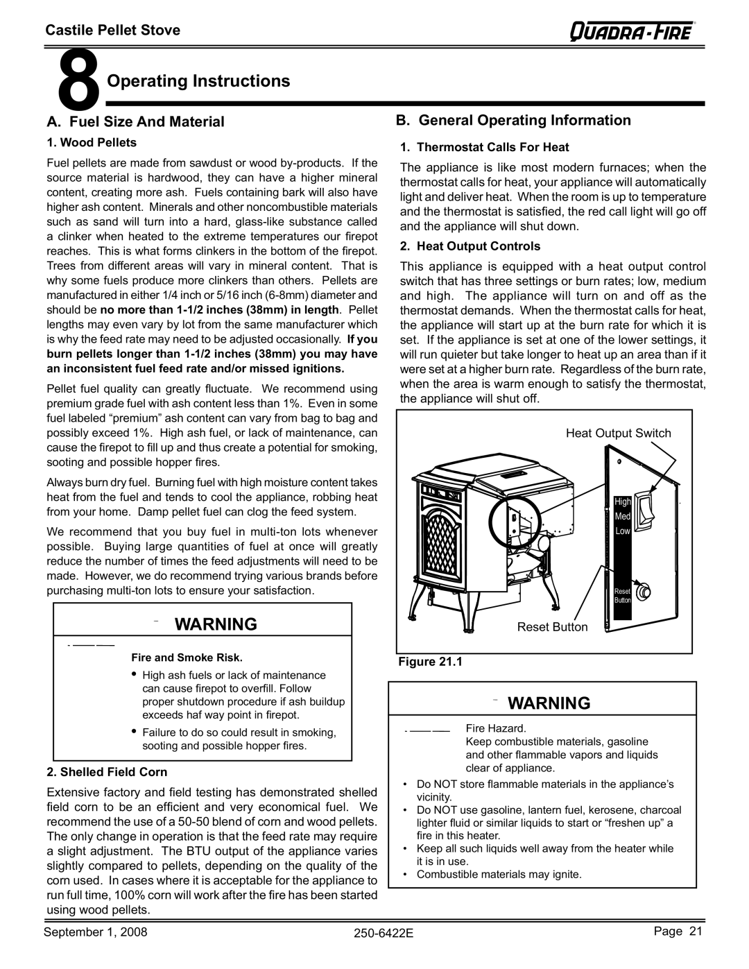 Hearth and Home Technologies CASTILE-PMH1 8Operating Instructions, Fuel Size And Material General Operating Information 