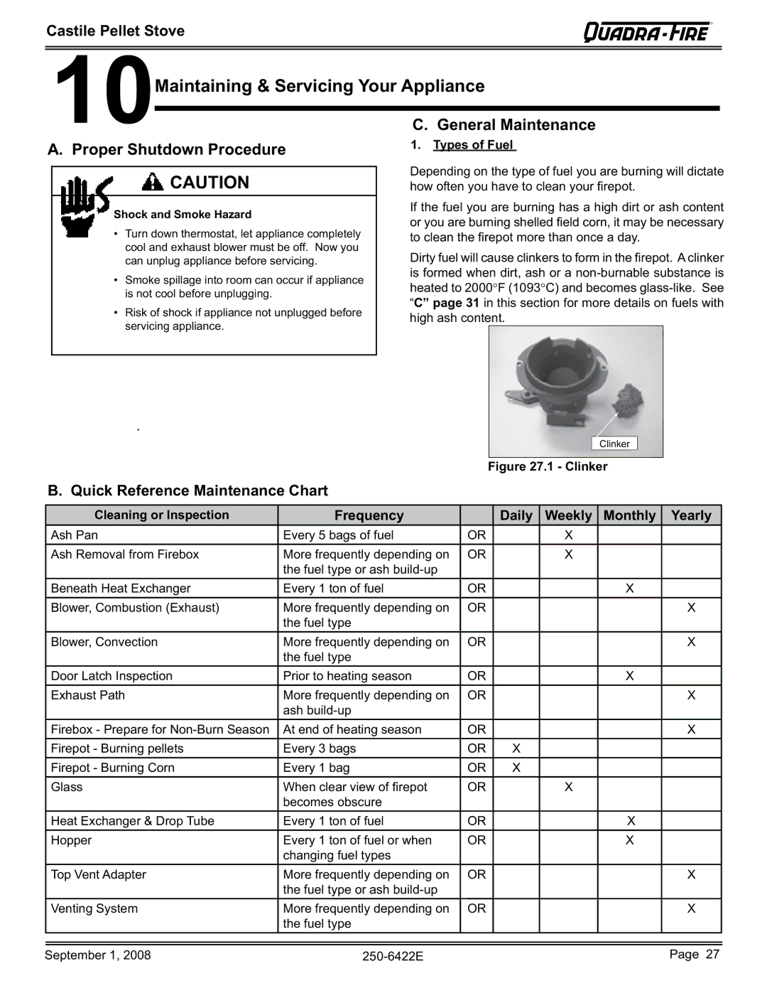 Hearth and Home Technologies CASTILE-CSB 10Maintaining & Servicing Your Appliance, Quick Reference Maintenance Chart 