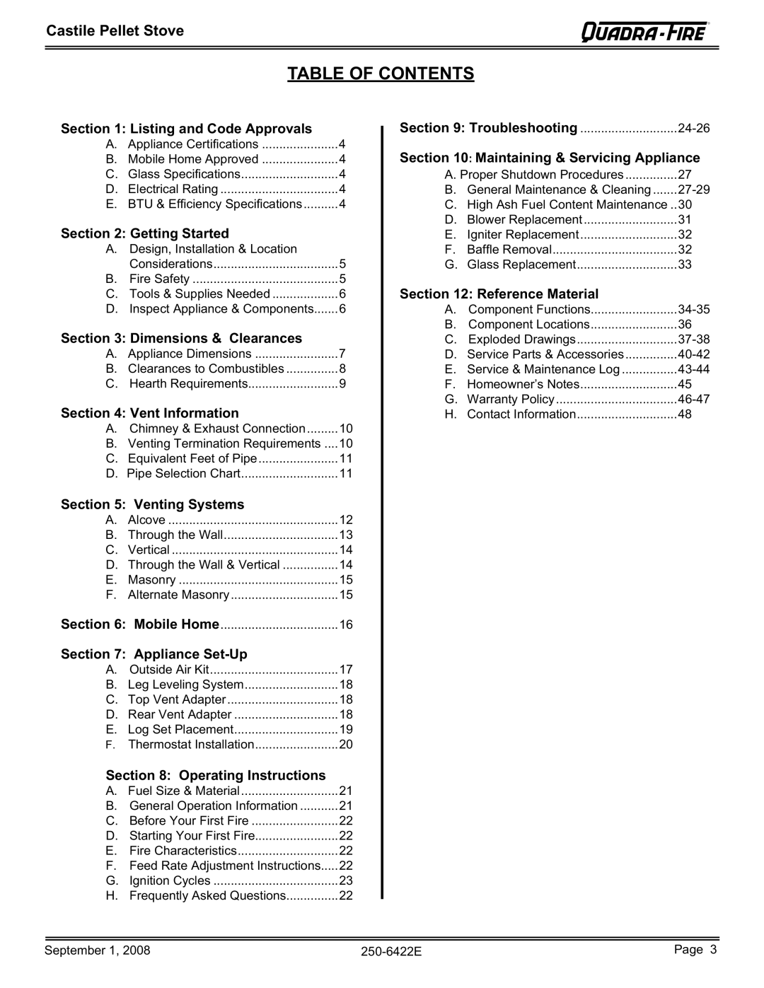 Hearth and Home Technologies CASTILE-CSB, CASTILE-MBK1, CASTILE-PMH1, CASTILE-CWL owner manual Table of Contents 