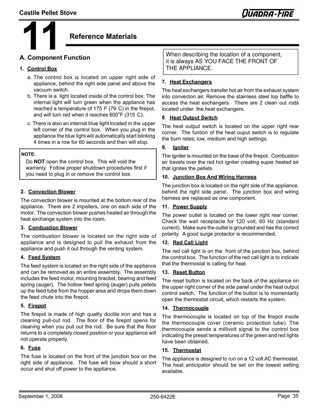 Hearth and Home Technologies CASTILE-CSB, CASTILE-MBK1, CASTILE-PMH1, CASTILE-CWL owner manual Component Function 