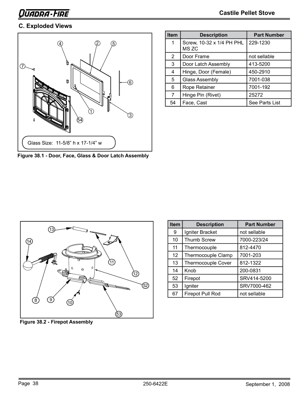 Hearth and Home Technologies CASTILE-CWL, CASTILE-MBK1 Castile Pellet Stove Exploded Views, Description Part Number 