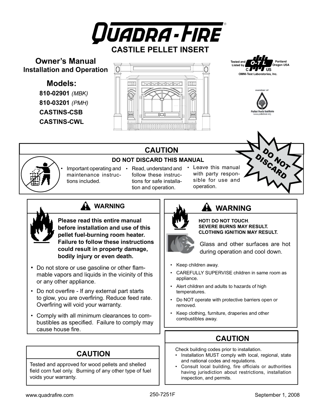 Hearth and Home Technologies CASTINS-CWL, CASTINS-CSB owner manual Castile Pellet Insert, MBK 810-03201 PMH 