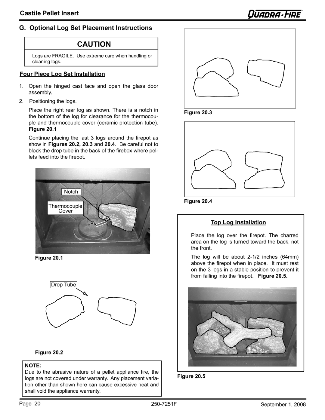 Hearth and Home Technologies CASTINS-CSB, CASTINS-CWL owner manual Four Piece Log Set Installation, Top Log Installation 