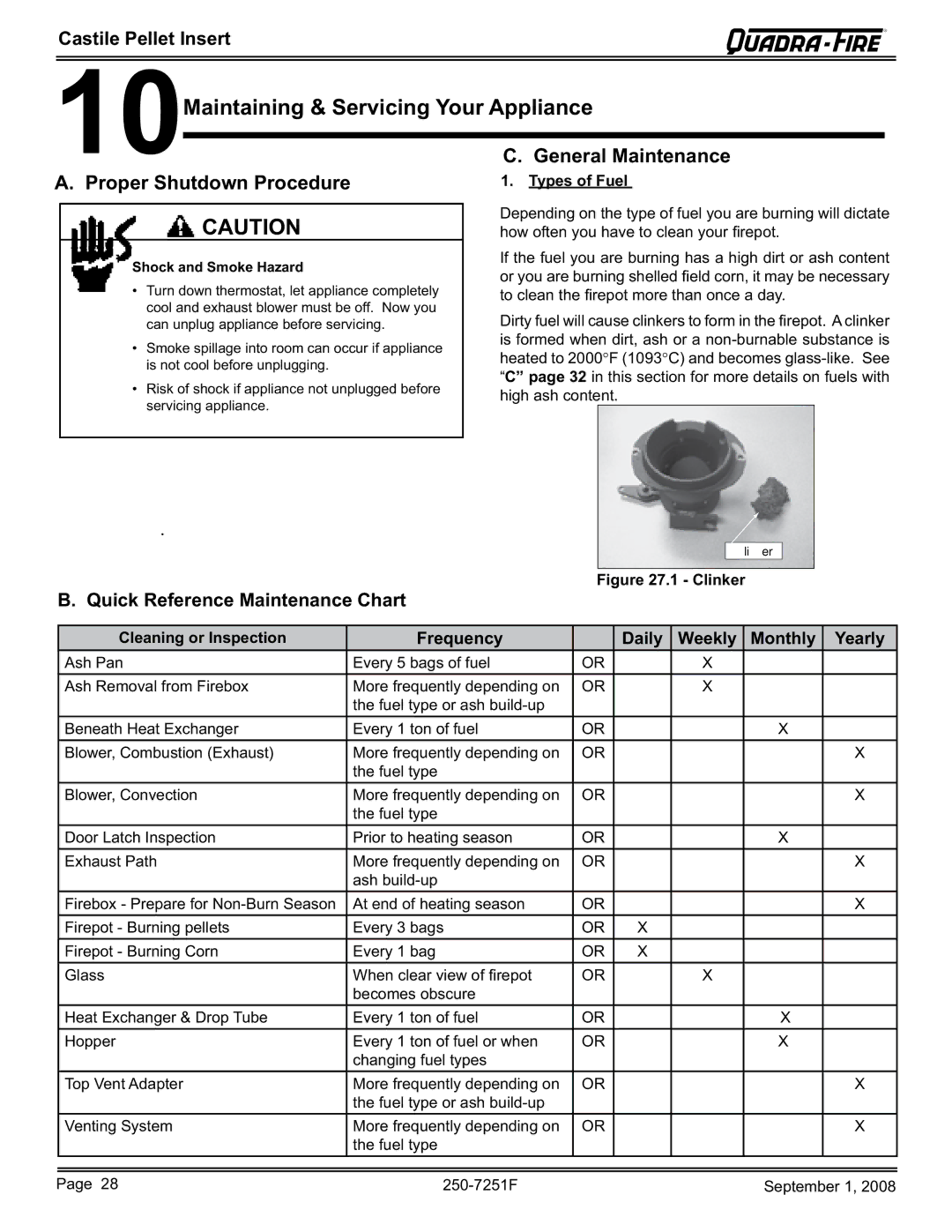 Hearth and Home Technologies CASTINS-CSB 10Maintaining & Servicing Your Appliance, Quick Reference Maintenance Chart 