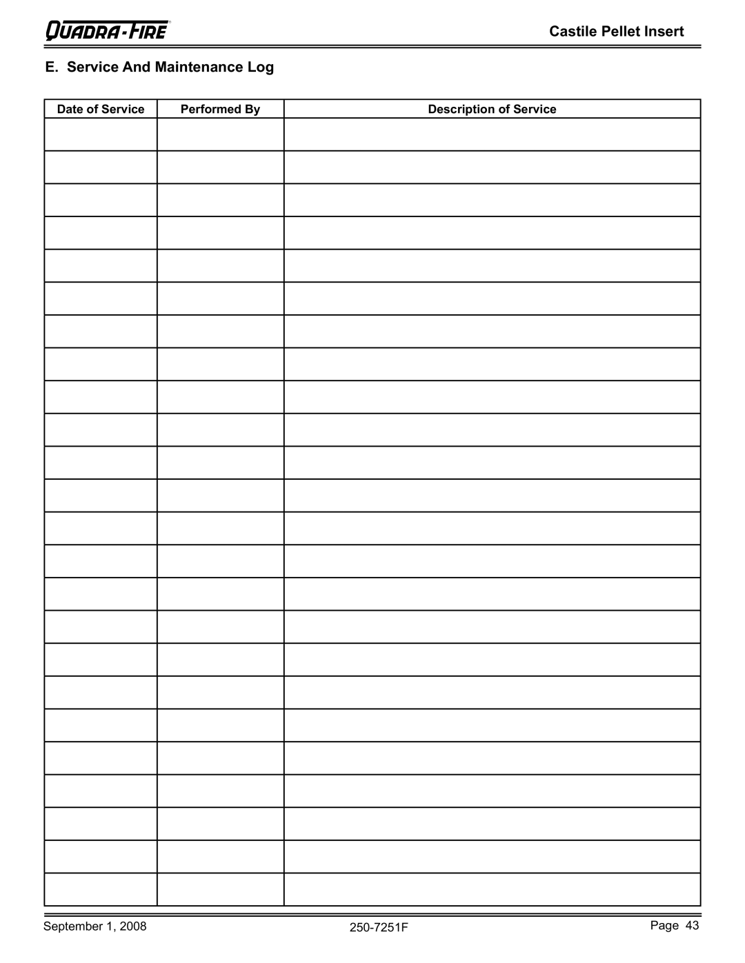 Hearth and Home Technologies 810-03201 (PMH), CASTINS-CSB, CASTINS-CWL Castile Pellet Insert Service And Maintenance Log 