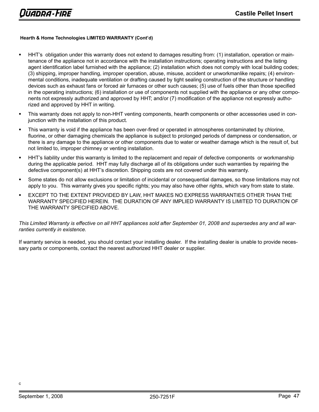 Hearth and Home Technologies 810-03201 (PMH), CASTINS-CSB, CASTINS-CWL Hearth & Home Technologies Limited Warranty Cont’d 