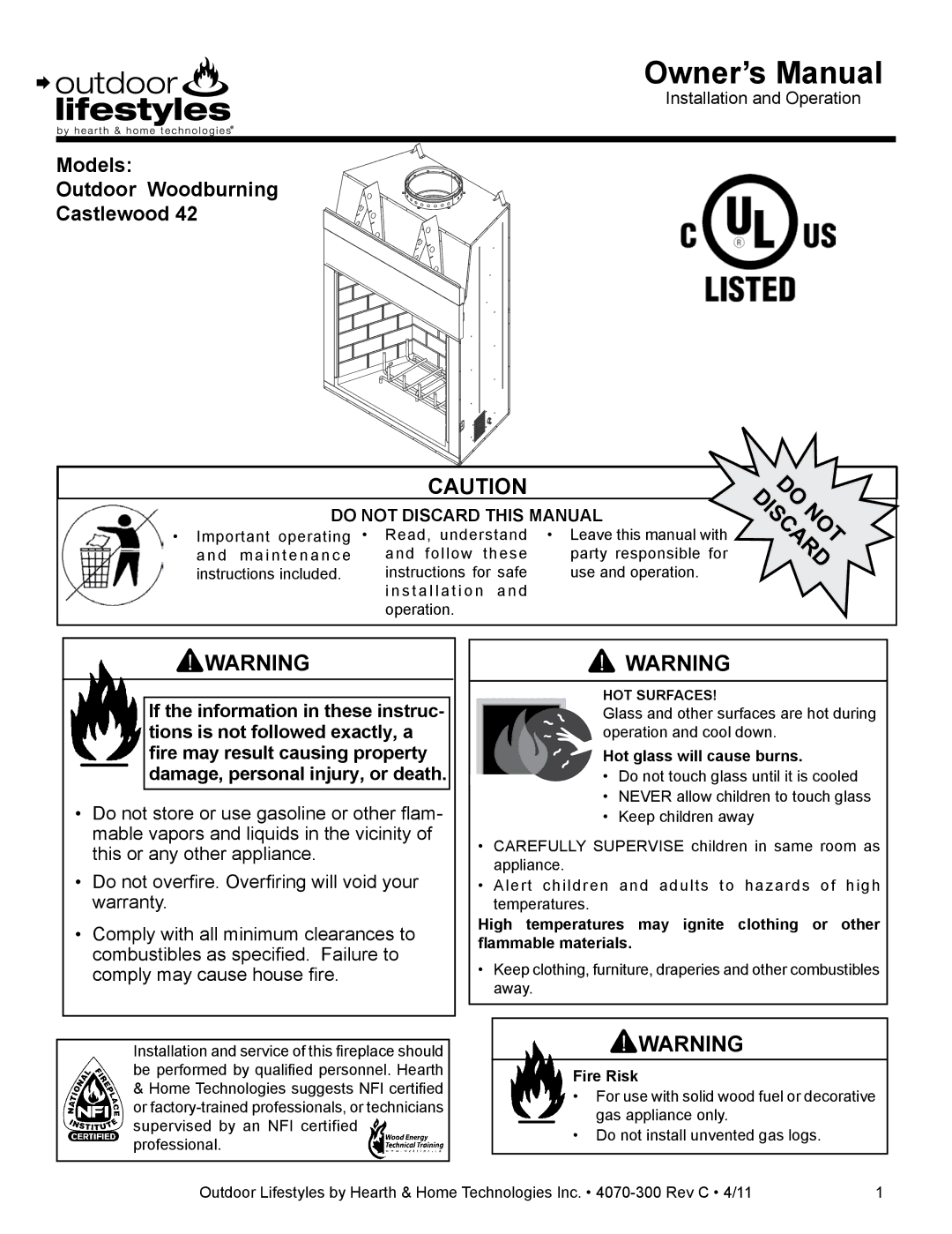 Hearth and Home Technologies CASTLEWOOD 42 owner manual Hot glass will cause burns, Fire Risk 