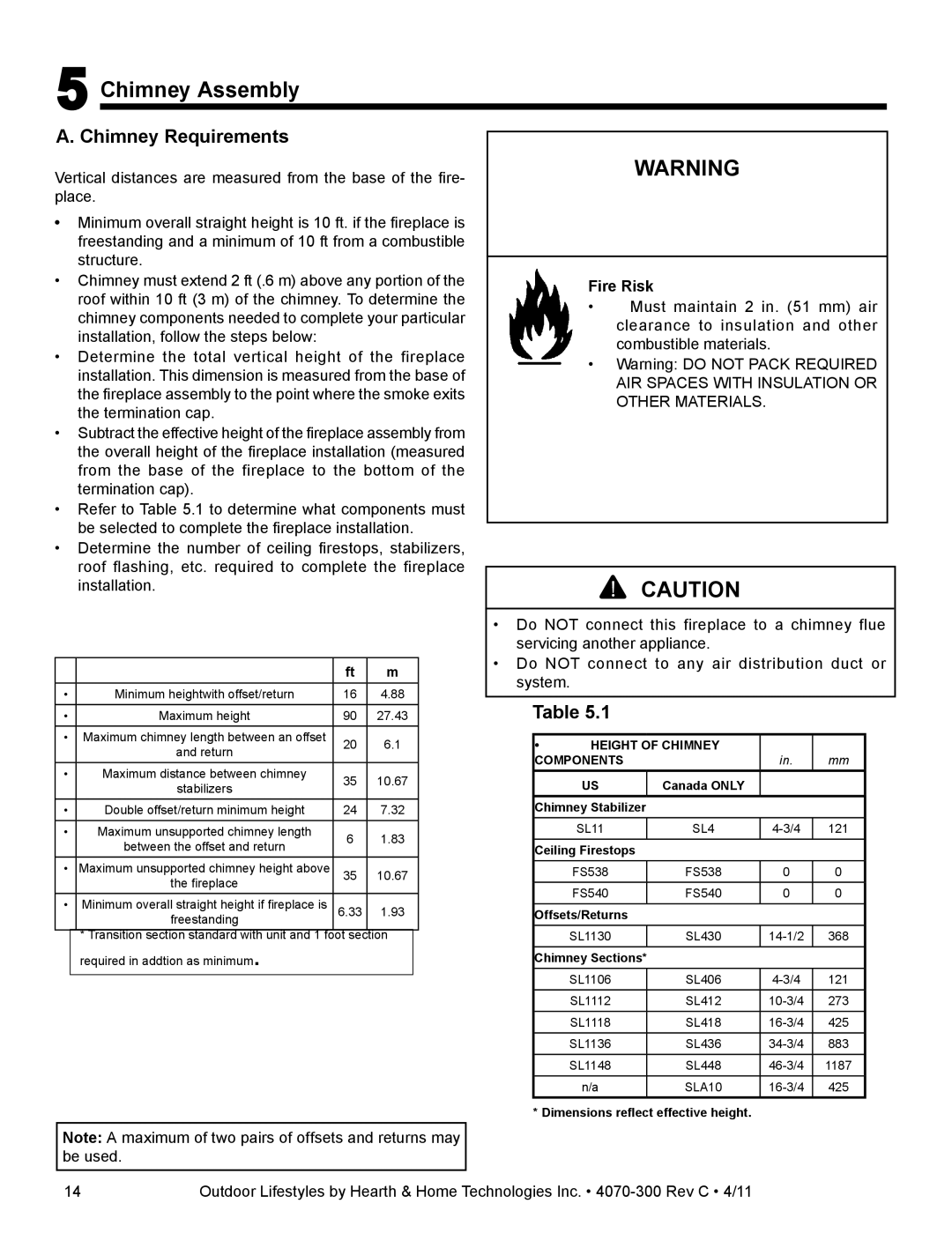 Hearth and Home Technologies CASTLEWOOD 42 owner manual Chimney Assembly, Height of Chimney Components 