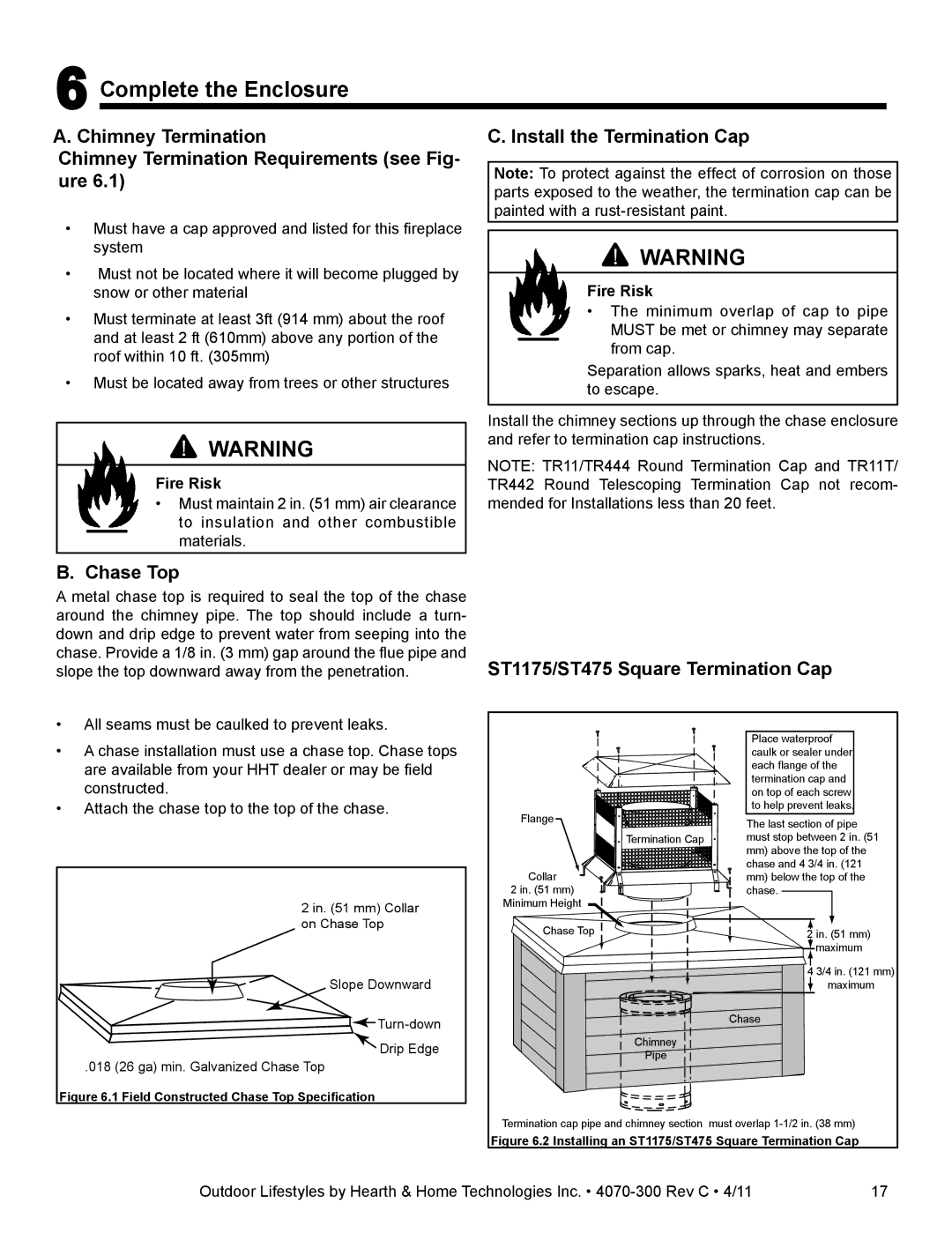 Hearth and Home Technologies CASTLEWOOD 42 owner manual Complete the Enclosure, Install the Termination Cap, Chase Top 