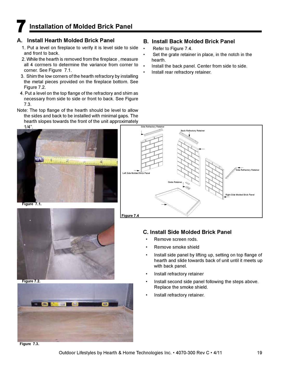 Hearth and Home Technologies CASTLEWOOD 42 owner manual Installation of Molded Brick Panel, Install Side Molded Brick Panel 