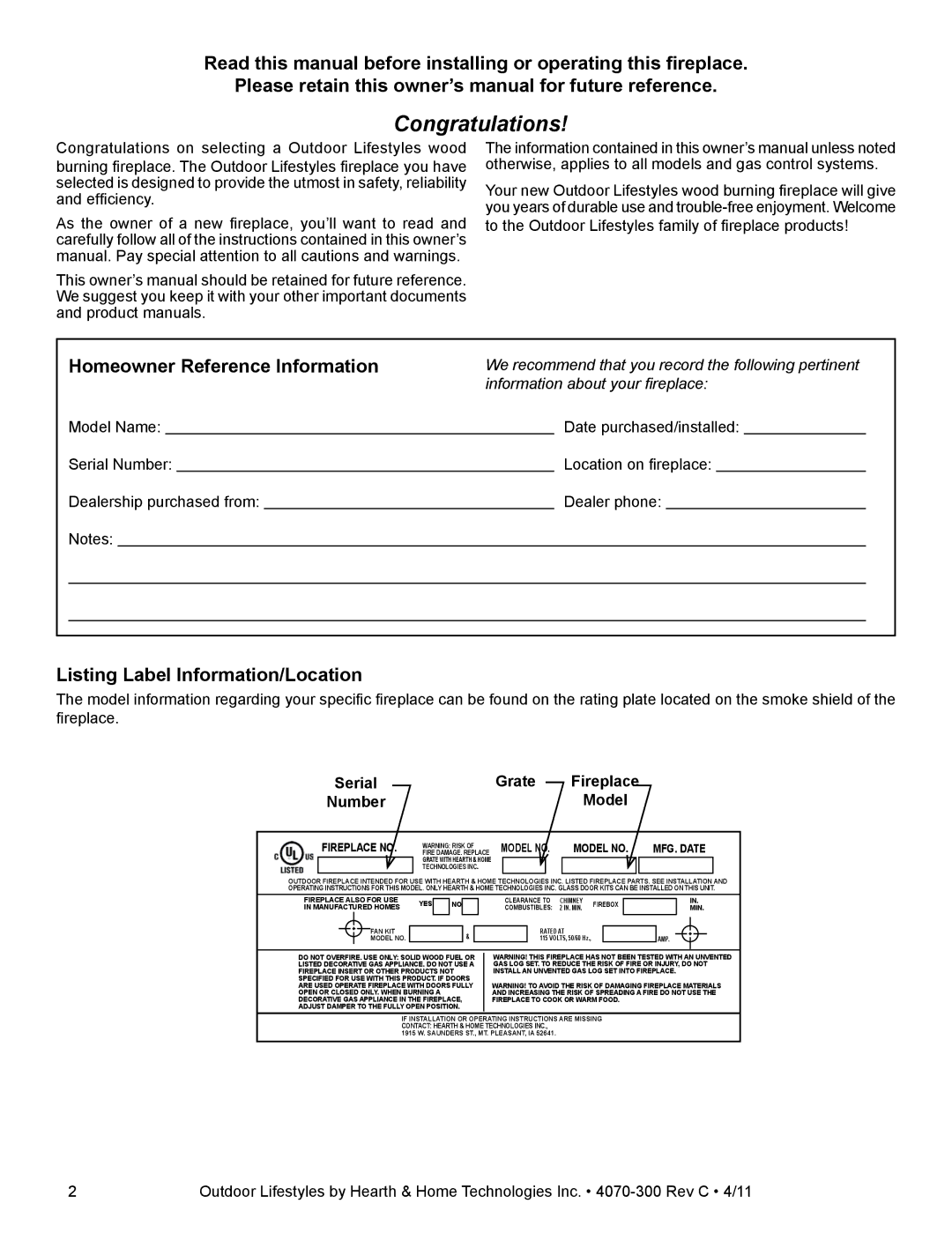 Hearth and Home Technologies CASTLEWOOD 42 owner manual Listing Label Information/Location, Grate, Number 