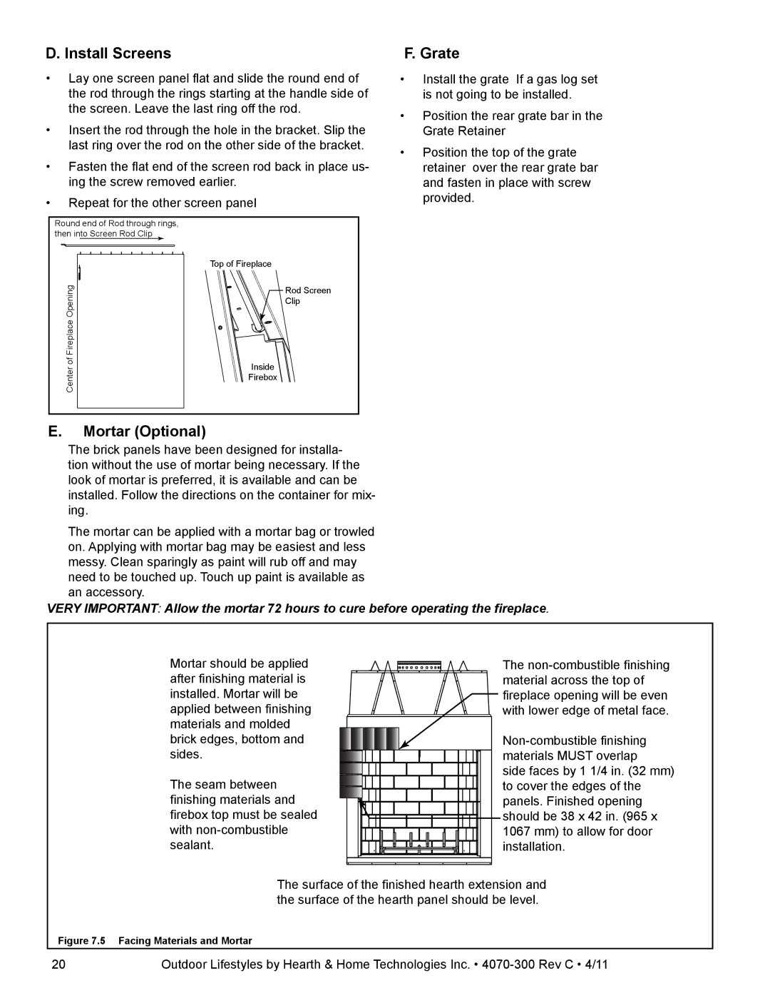 Hearth and Home Technologies CASTLEWOOD 42 owner manual Install Screens, Mortar Optional Grate 