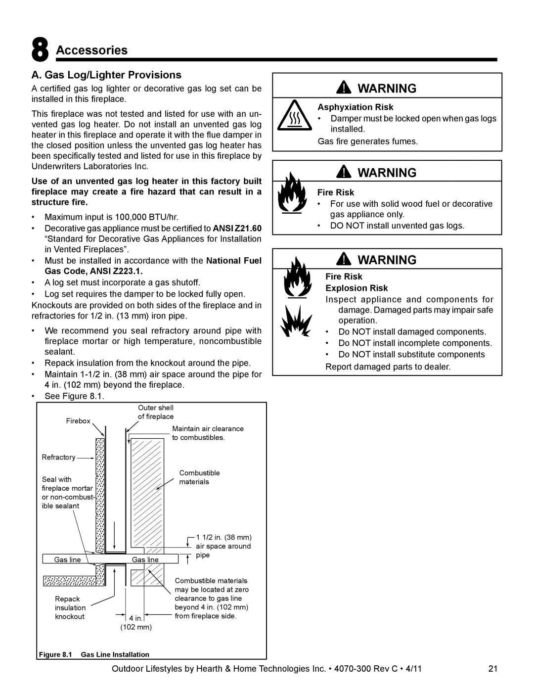 Hearth and Home Technologies CASTLEWOOD 42 owner manual Accessories, Gas Log/Lighter Provisions, Gas Code, Ansi Z223.1 