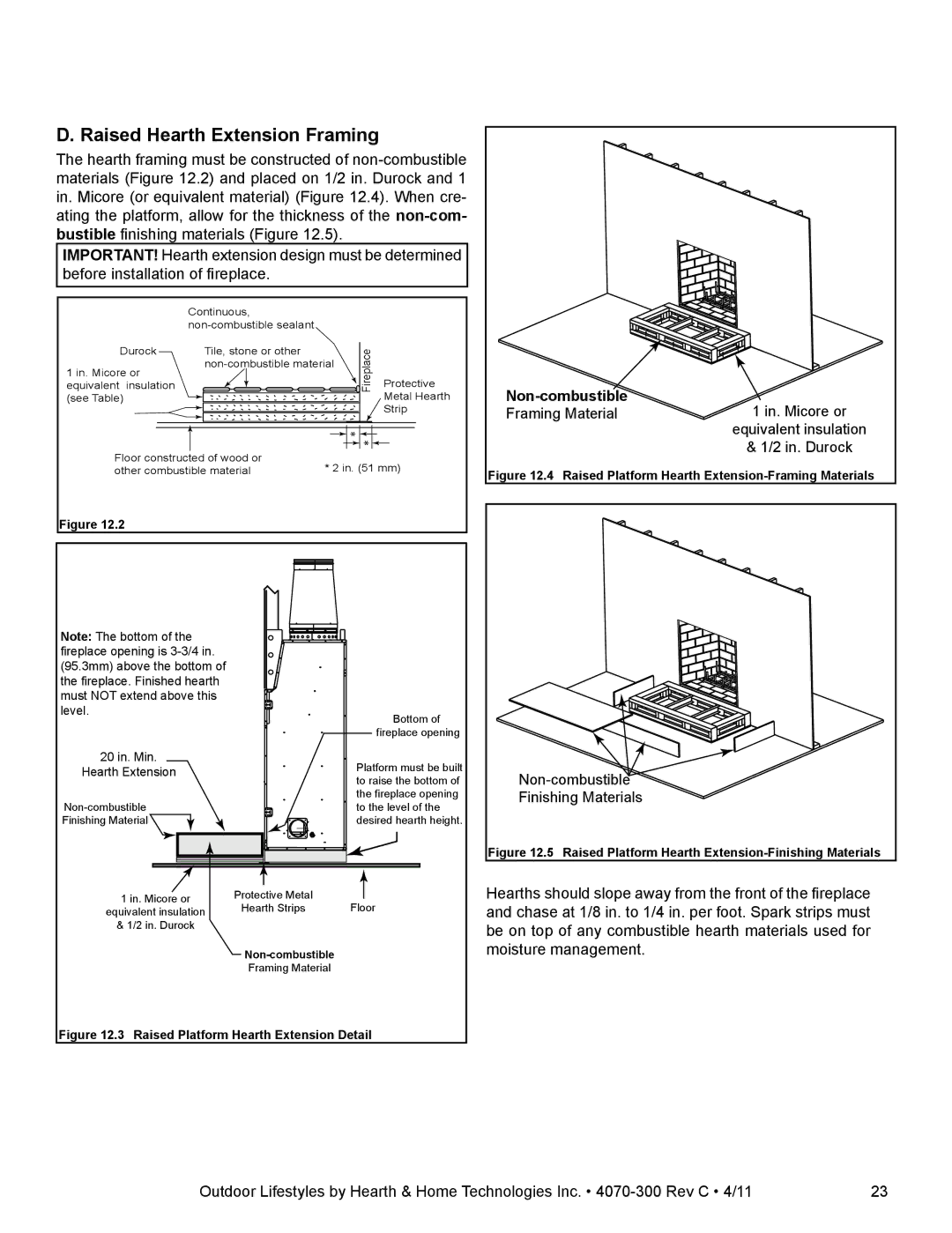 Hearth and Home Technologies CASTLEWOOD 42 owner manual Raised Hearth Extension Framing, Non-combustible, Framing Material 