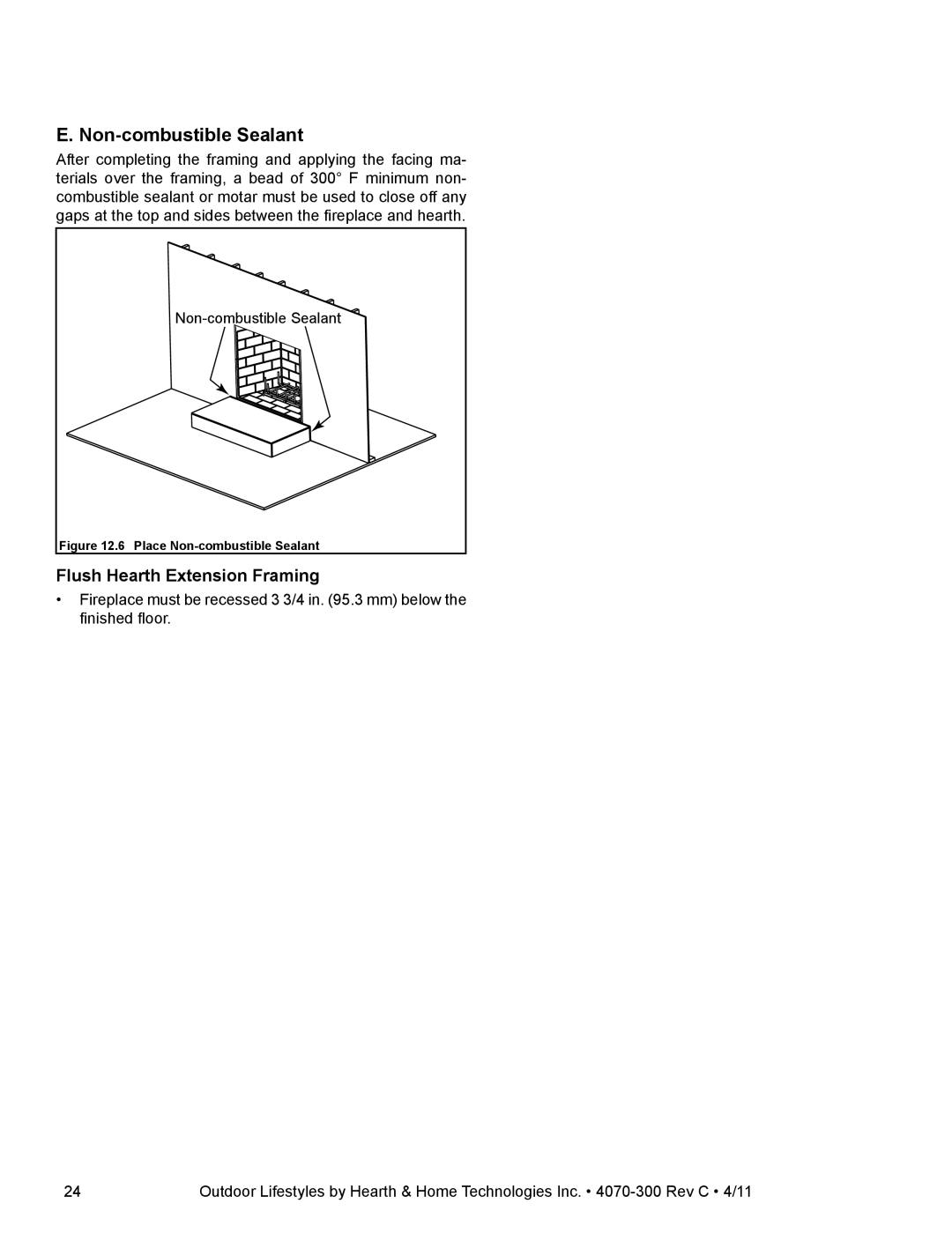 Hearth and Home Technologies CASTLEWOOD 42 owner manual Non-combustible Sealant, Flush Hearth Extension Framing 