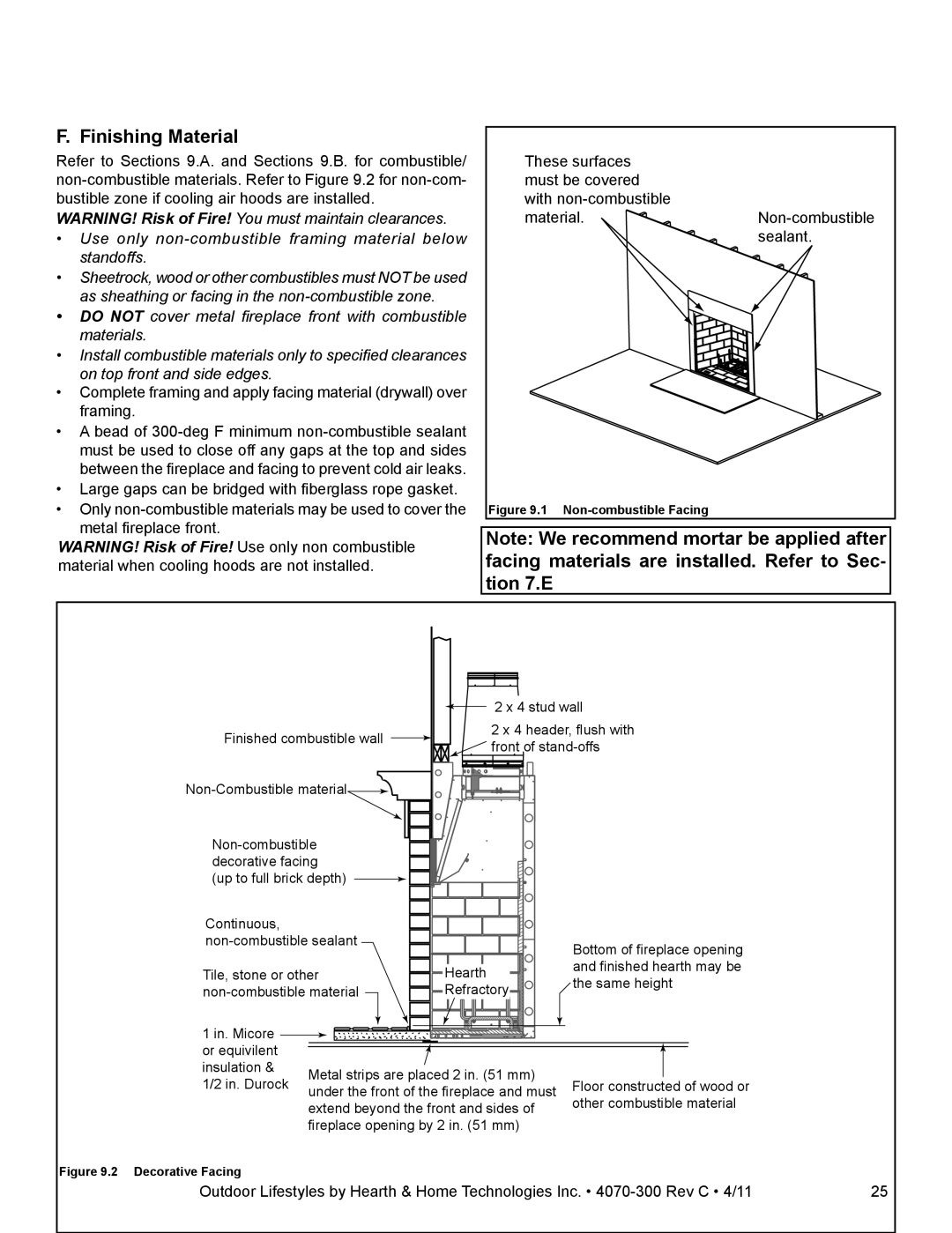 Hearth and Home Technologies CASTLEWOOD 42 Finishing Material, Use only non-combustible framing material below standoffs 