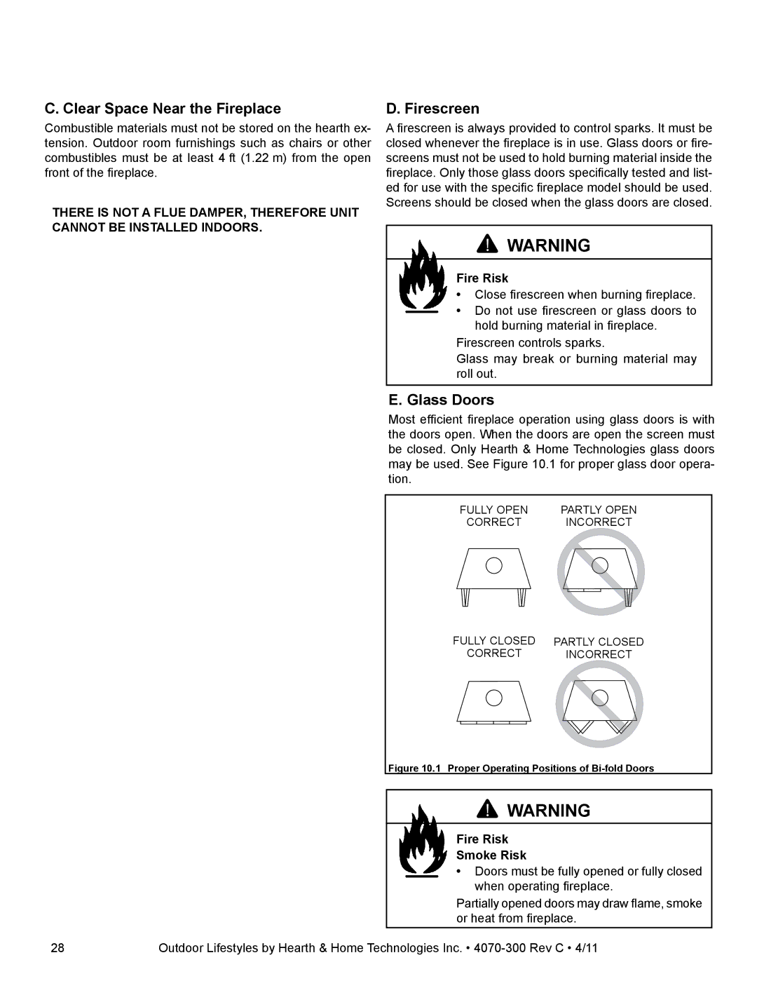 Hearth and Home Technologies CASTLEWOOD 42 owner manual Clear Space Near the Fireplace, Glass Doors, Fire Risk Smoke Risk 