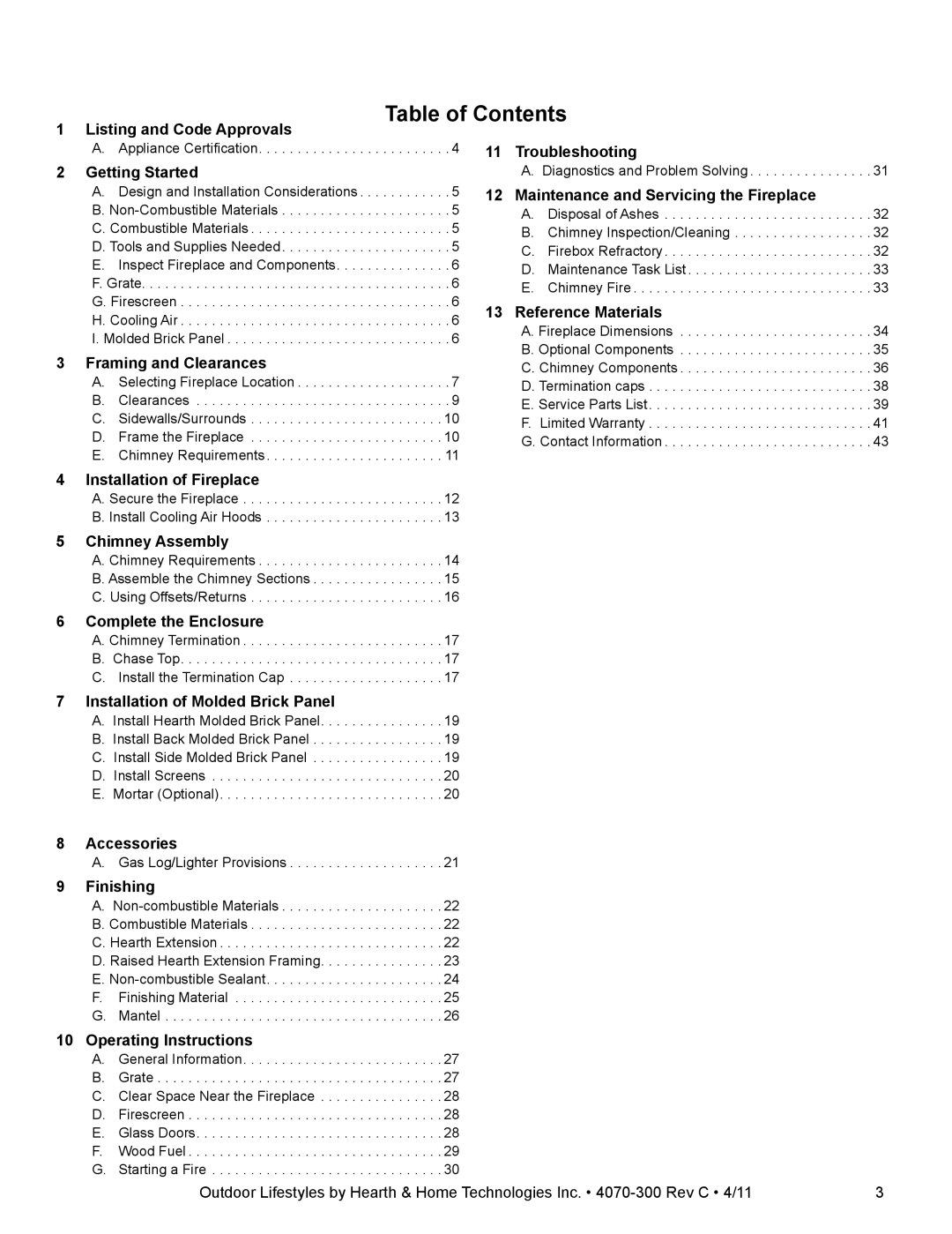 Hearth and Home Technologies CASTLEWOOD 42 owner manual Table of Contents 