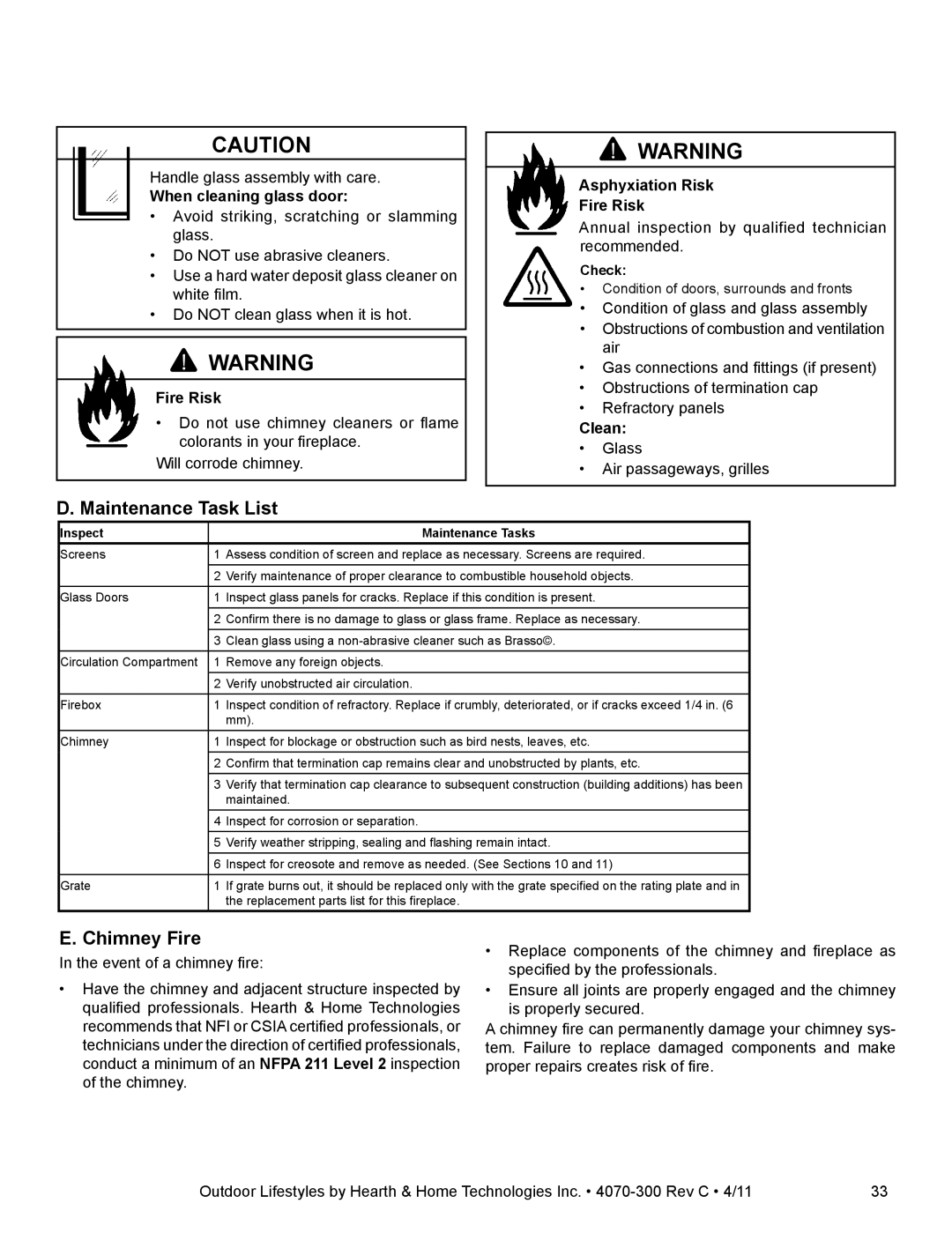 Hearth and Home Technologies CASTLEWOOD 42 Maintenance Task List, Chimney Fire, When cleaning glass door, Clean 