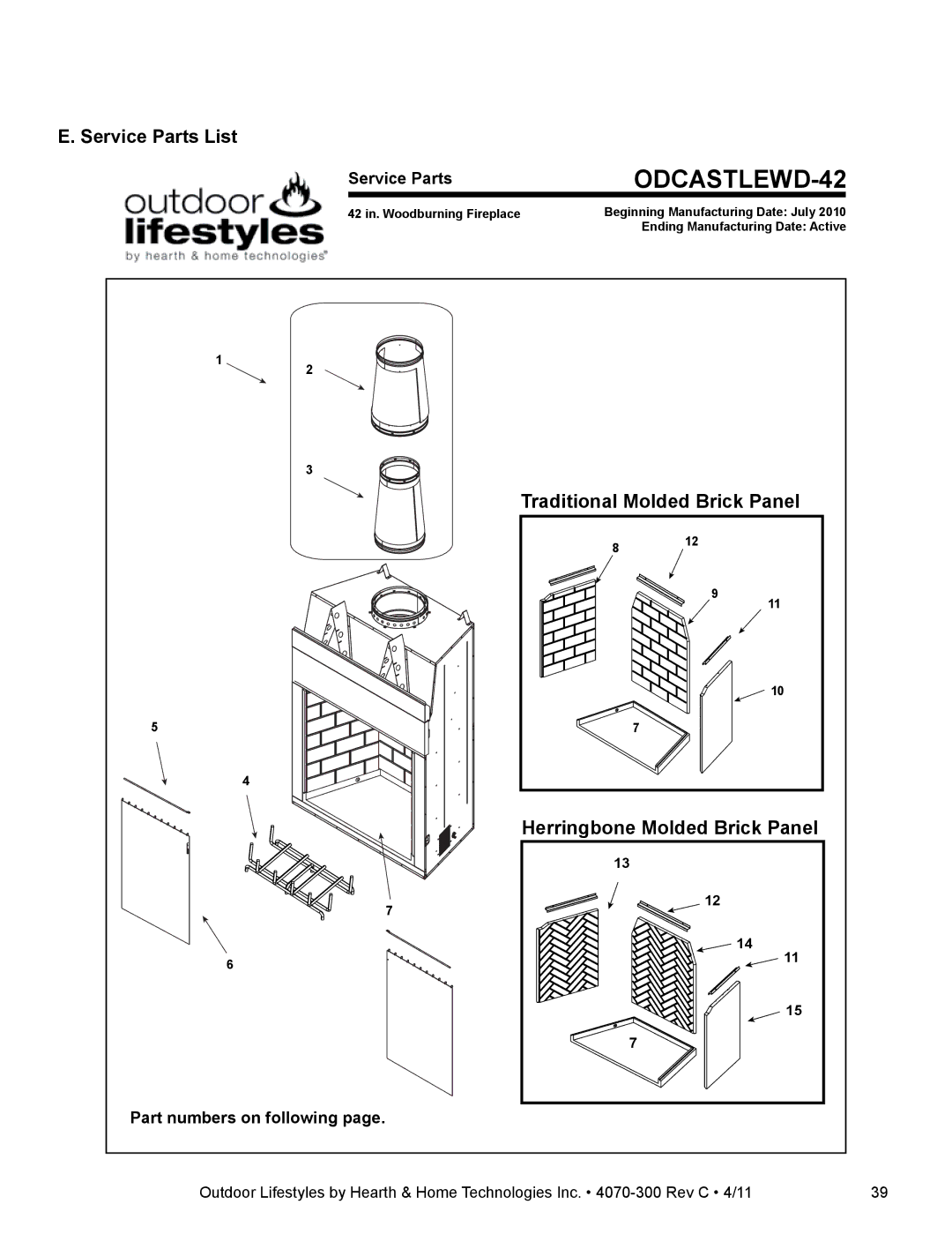 Hearth and Home Technologies CASTLEWOOD 42 owner manual ODCASTLEWD-42, Service Parts List 