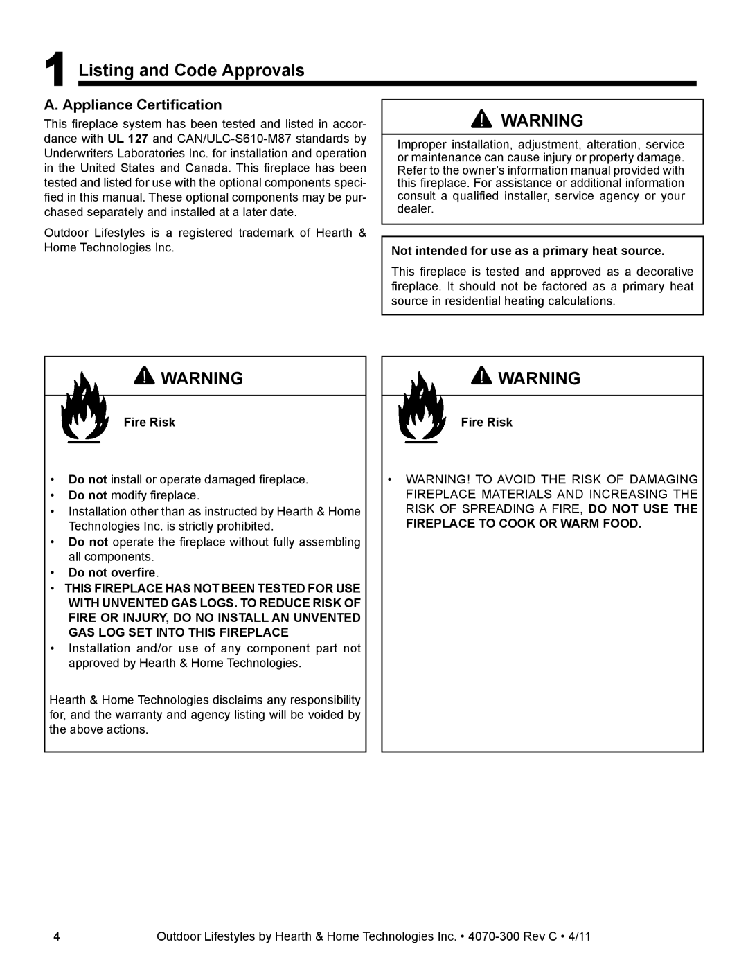 Hearth and Home Technologies CASTLEWOOD 42 Listing and Code Approvals, Appliance Certification, Do not overfire 