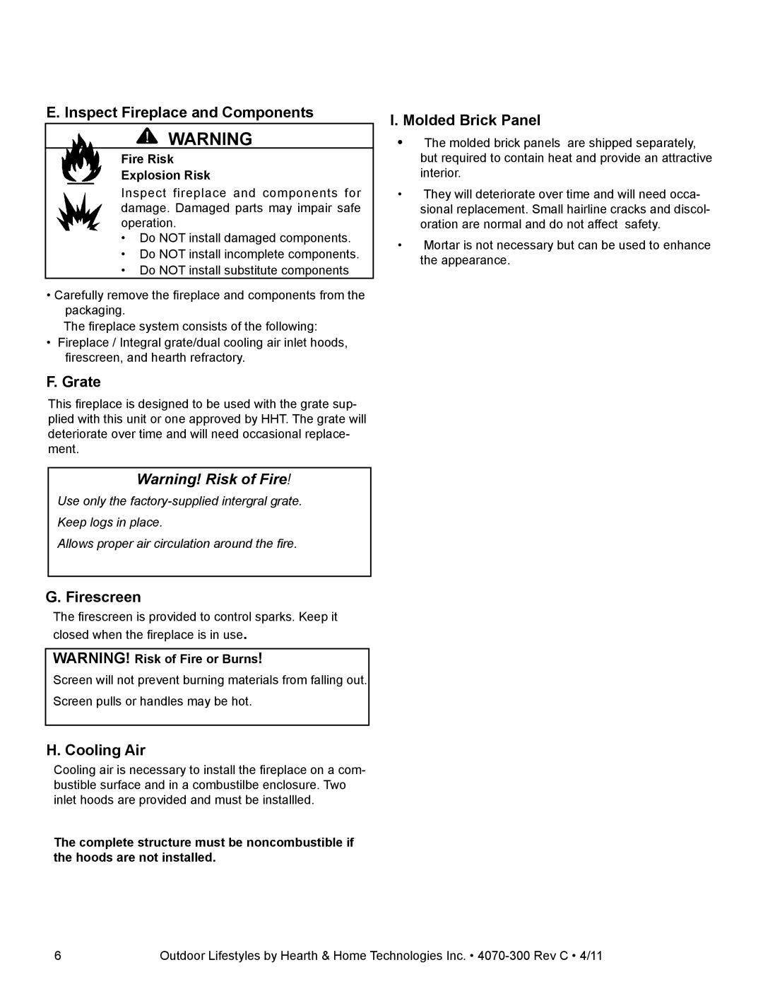 Hearth and Home Technologies CASTLEWOOD 42 owner manual Inspect Fireplace and Components, Grate, Firescreen, Cooling Air 