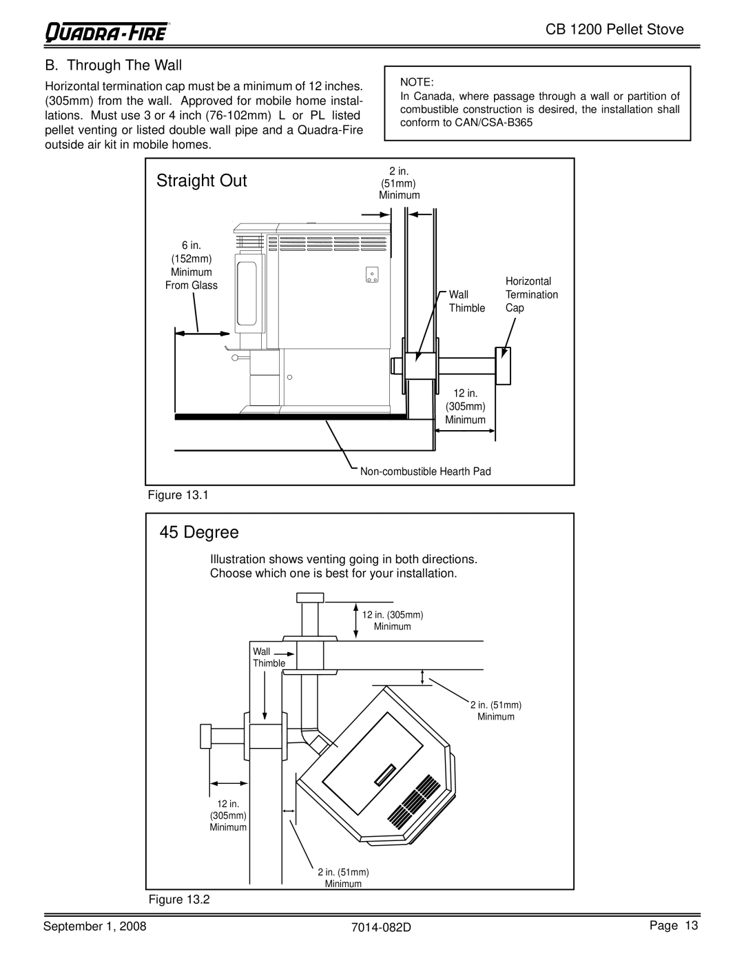 Hearth and Home Technologies CB1200-B owner manual Straight Out, Degree, CB 1200 Pellet Stove Through The Wall 