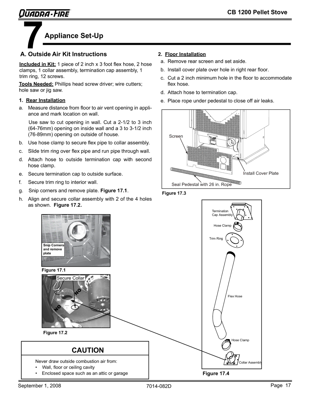 Hearth and Home Technologies CB1200-B owner manual 7Appliance Set-Up, Outside Air Kit Instructions 