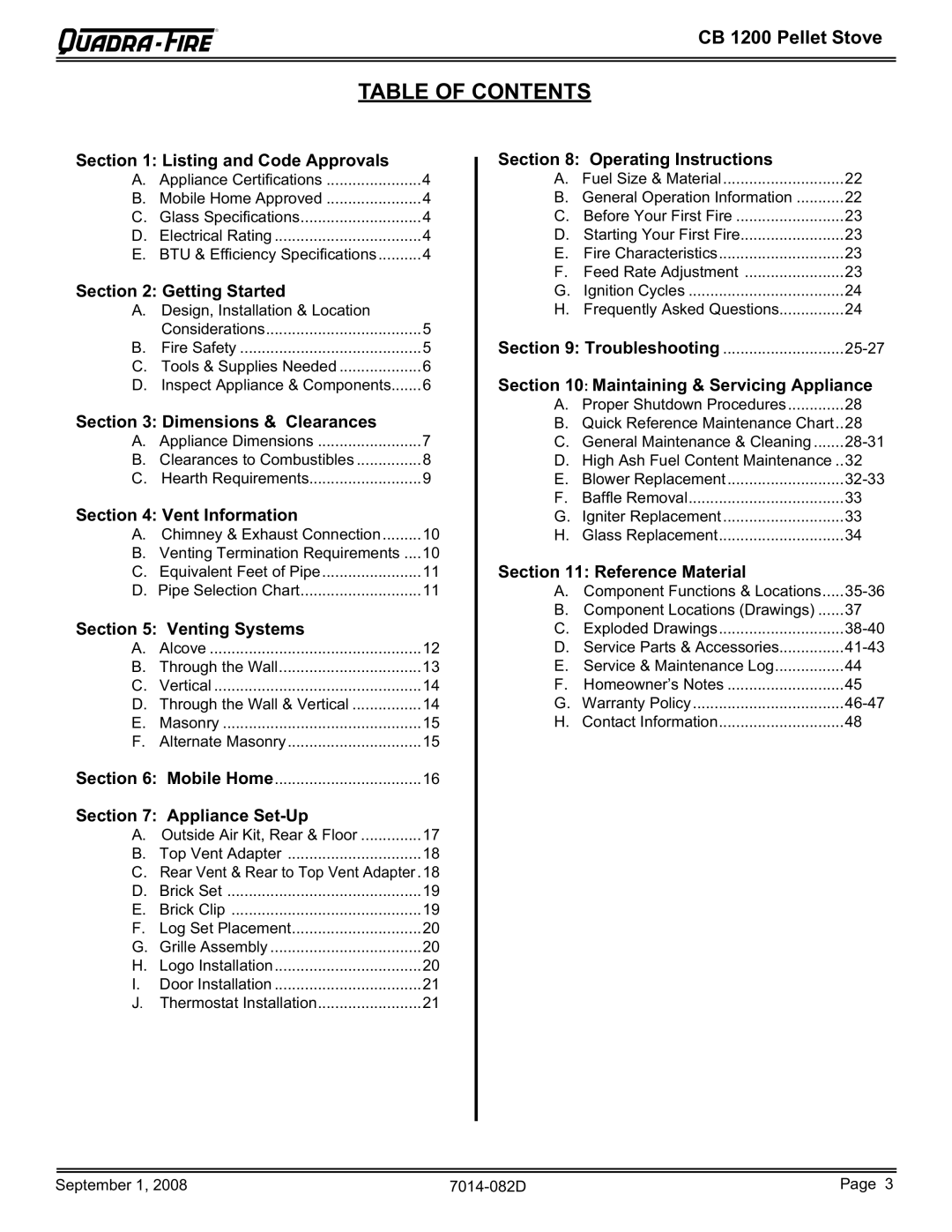 Hearth and Home Technologies CB1200-B owner manual Table of Contents 