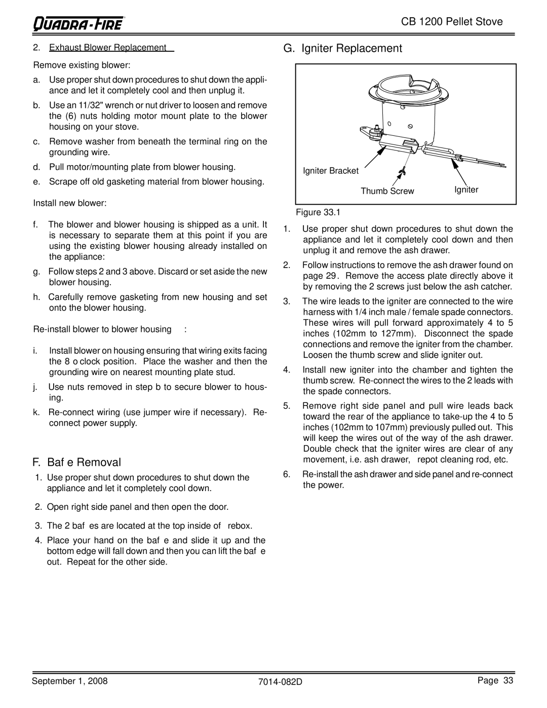 Hearth and Home Technologies CB1200-B owner manual Exhaust Blower Replacement Remove existing blower, Install new blower 