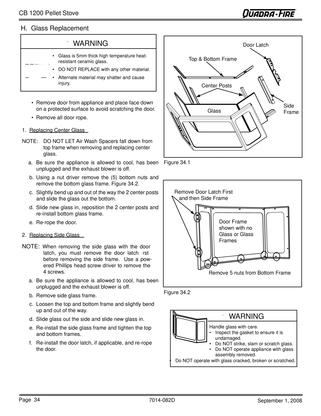 Hearth and Home Technologies CB1200-B owner manual Glass Replacement, Replacing Side Glass Screws 
