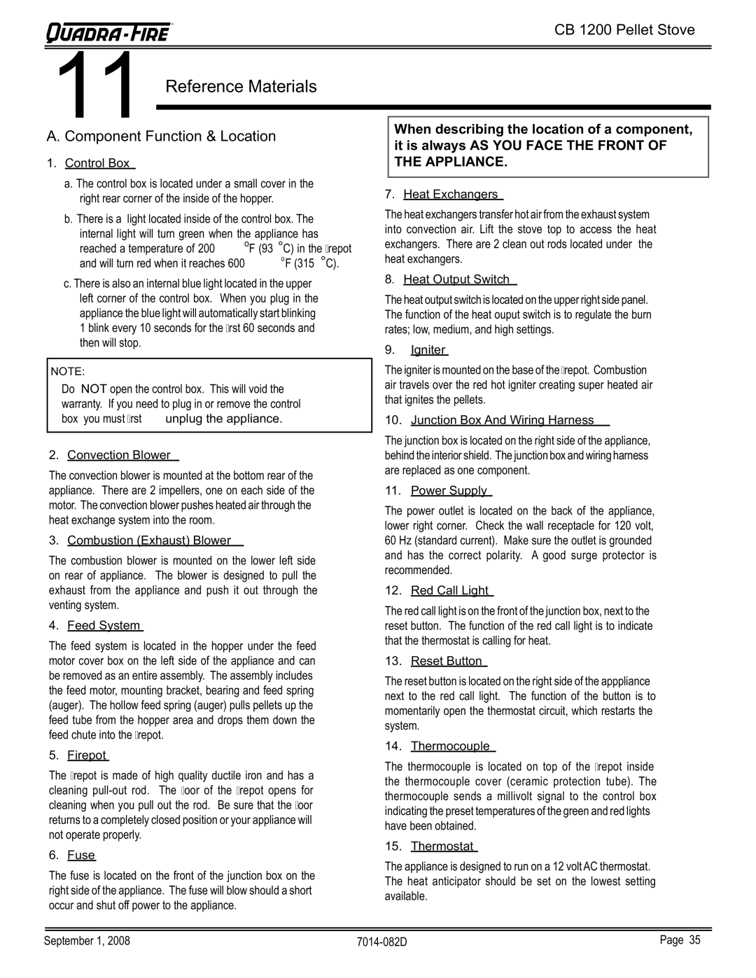 Hearth and Home Technologies CB1200-B owner manual Reference Materials, Component Function & Location 