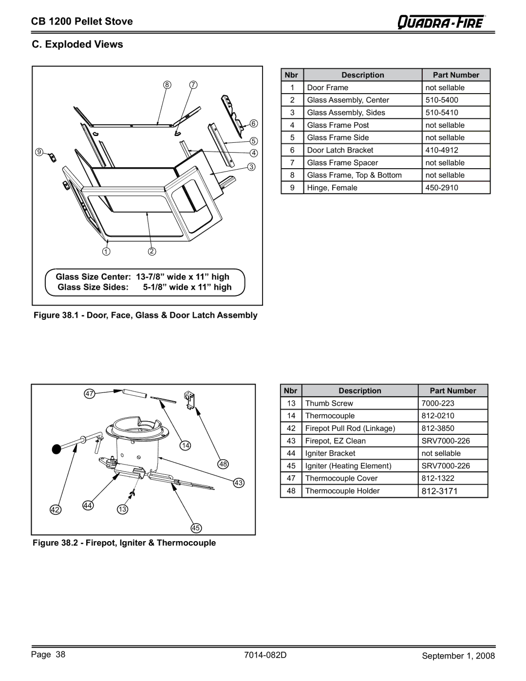 Hearth and Home Technologies CB1200-B CB 1200 Pellet Stove Exploded Views, Glass Size Center 13-7/8 wide x 11 high 