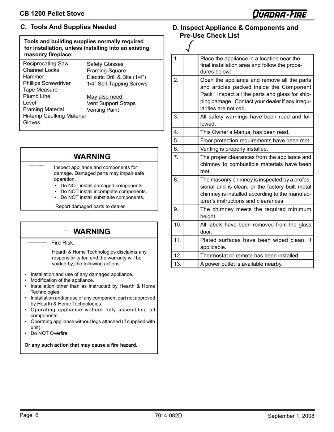 Hearth and Home Technologies CB1200-B owner manual CB 1200 Pellet Stove Tools And Supplies Needed 